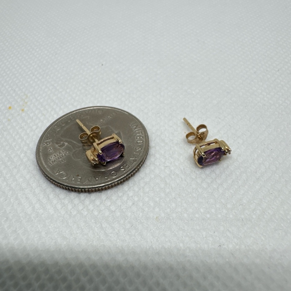Beautiful 14k Yellow Gold Oval Amethyst and Diamond Stud Post Earrings - Picture 8 of 10